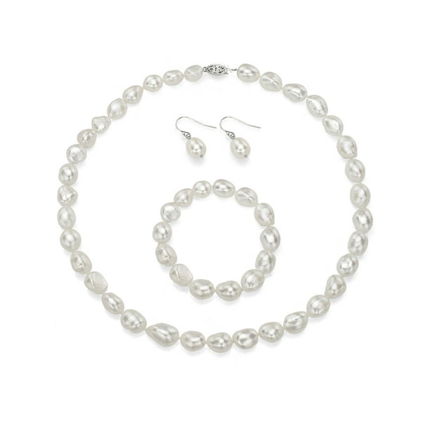 60 Inches 9-10mm Natural White Baroque Freshwater Pearl Necklace Earring Set